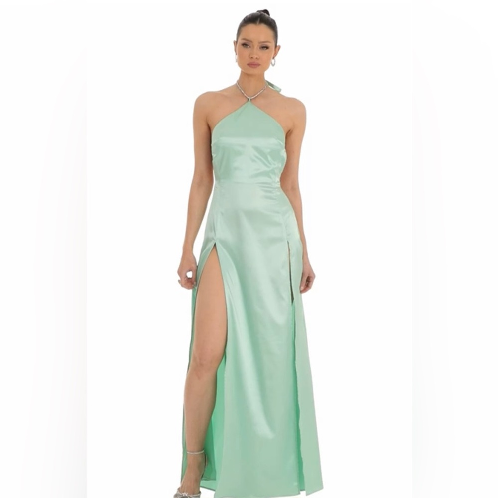 Lucy in the Sky Janessa Rhinestone Halter Maxi Dress in Green (Size XS)